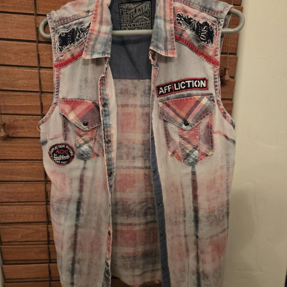 Affliction Sleeveless Plaid Denim Vest